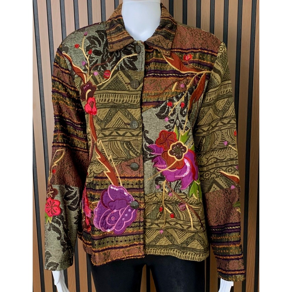 Coldwater Creek Embroidered Patchwork Floral Sequin Jacket Olive Brown PL